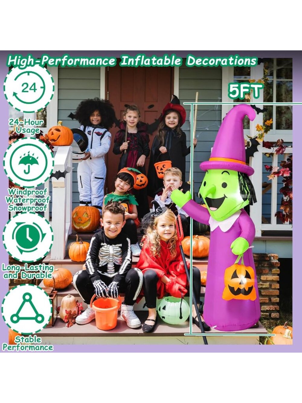 🎃 5 FT Witch Pumpkin Halloween Inflatable Outdoor Yard Decor Built-In LED Light - Picture 3 of 7
